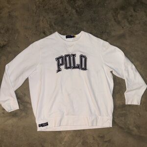 Ralph Lauren White Crewneck Sweater with Navy Polo Applique